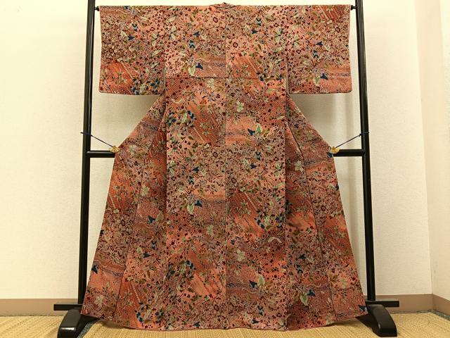 平和屋着物■上質な小紋 草花文 鬼しぼ縮緬 正絹 逸品 BAAY3798hj