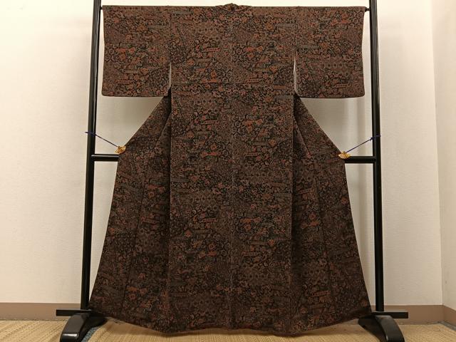 平和屋着物■上質な小紋 更紗動物花文 鬼しぼ縮緬 正絹 逸品 BAAY3861hj