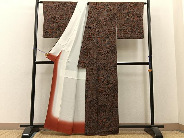 平和屋着物■上質な小紋 更紗動物花文 鬼しぼ縮緬 正絹 逸品 BAAY3861hj