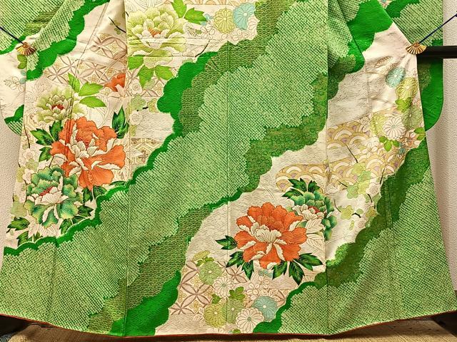 平和屋着物■豪華振袖 駒刺繍 絞り 雲隠れ牡丹花文 金彩 正絹 逸品 BAAY3870hj
