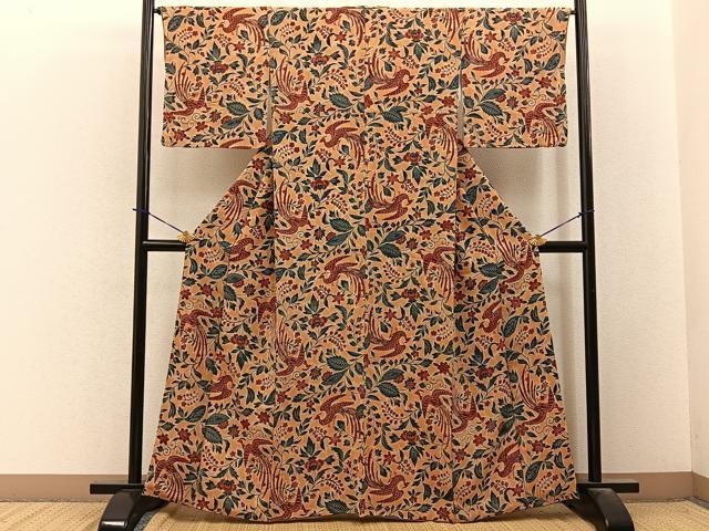 平和屋着物■上質な小紋 鳳凰更紗花文 鬼しぼ縮緬 正絹 逸品 BAAY3901hj