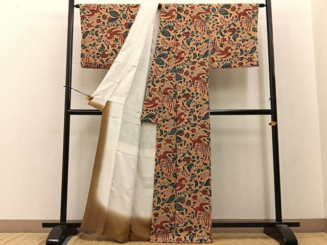 平和屋着物■上質な小紋 鳳凰更紗花文 鬼しぼ縮緬 正絹 逸品 BAAY3901hj