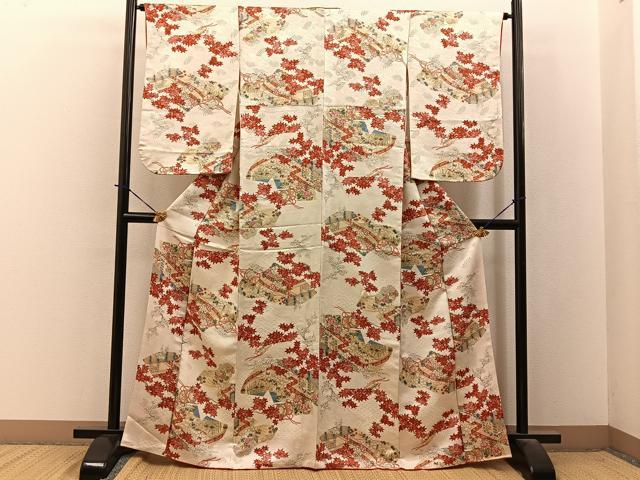 平和屋着物■上質な小紋 鼓風景花文 扇面金通し地 正絹 逸品 BAAY3902hj