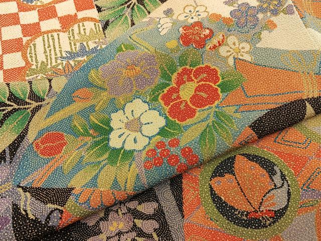平和屋着物■上質な小紋 地紙花蝶文 黒地 鬼しぼ縮緬 ロング丈 正絹 逸品 BAAY3904hj
