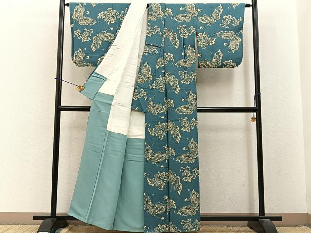 平和屋着物■上質な小紋 藍 型染め 花蝶文 正絹 逸品 BAAY3912hj