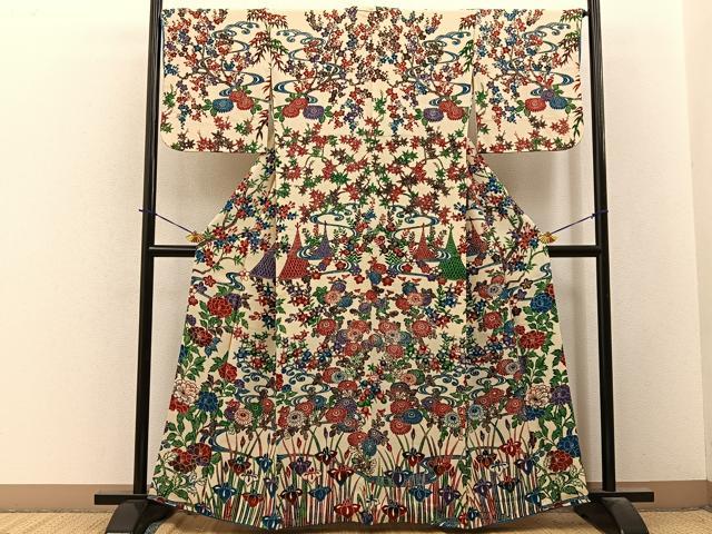 平和屋着物●訪問着 型染め 流水花文 鬼しぼ縮緬 正絹 逸品 BAAY3913hj