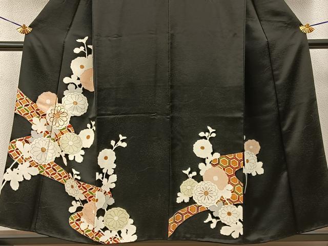平和屋着物■訪問着 駒刺繍 七宝菊文 黒地 金彩 正絹 逸品 BAAY3934hj