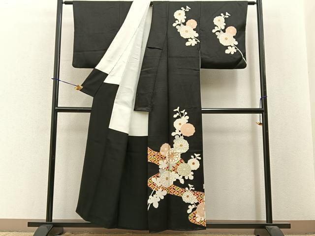 平和屋着物■訪問着 駒刺繍 七宝菊文 黒地 金彩 正絹 逸品 BAAY3934hj