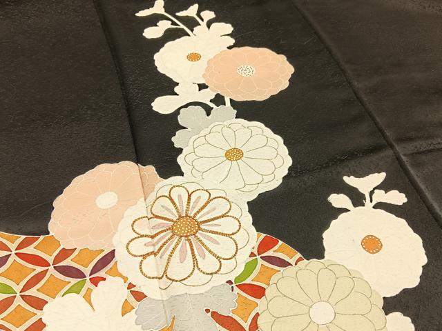 平和屋着物■訪問着 駒刺繍 七宝菊文 黒地 金彩 正絹 逸品 BAAY3934hj