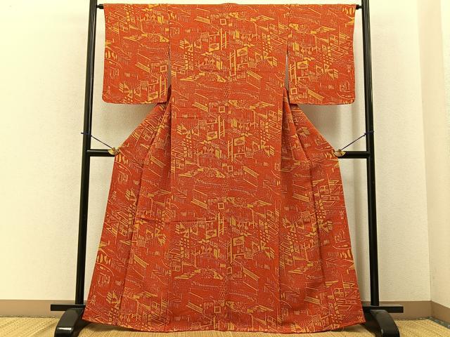 平和屋着物■上質な小紋 風景文 鬼しぼ縮緬 正絹 逸品 未使用 BAAY3951hj