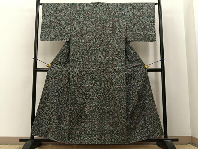 平和屋着物■結城紬 胴抜き仕立て 更紗花唐草文 証紙付き 正絹 逸品 未使用 BAAY3967hj