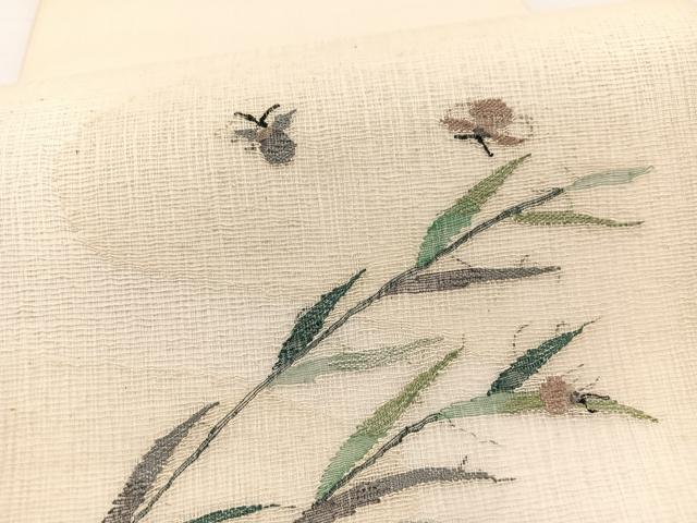 平和屋着物*夏物 太鼓柄袋帯 すくい織 夏虫草葉文 正絹 逸品 BAAY4021hv