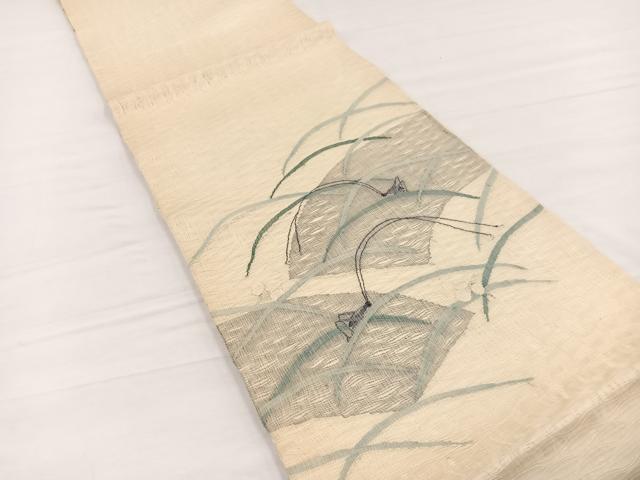 平和屋着物*夏物 太鼓柄袋帯 すくい織 夏虫地紙芝草文 銀糸 正絹 逸品 BAAY4025hv