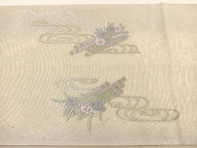 平和屋着物*夏物 太鼓柄袋帯 絽刺し 区限刺繍 花筏 金糸 正絹 逸品 BAAY4039hv