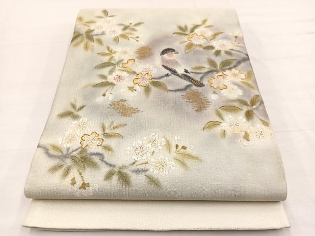 平和屋着物*夏物 太鼓柄袋帯 手描き 駒刺繍 休み鳥枝桜文 金糸 正絹 逸品 BAAY4040hv