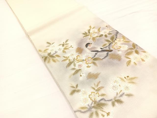 平和屋着物*夏物 太鼓柄袋帯 手描き 駒刺繍 休み鳥枝桜文 金糸 正絹 逸品 BAAY4040hv