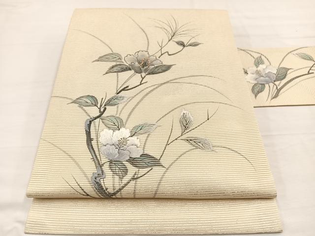 平和屋着物*夏物 九寸名古屋帯 刺繍 手描き 枝花文 銀彩 正絹 逸品 BAAY4065hv