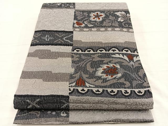 平和屋着物●両面 全通柄袋帯 ふくれ織 更紗花文 反端付き 正絹 逸品 BAAY4083hv