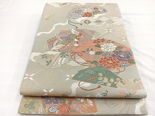 平和屋着物▼六通柄袋帯 唐織 鳳凰檜扇花文 金糸 正絹 逸品 未使用 BAAY4090hv