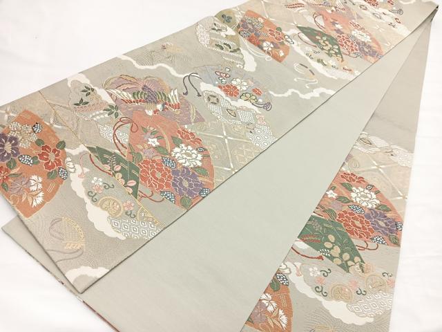 平和屋着物▼六通柄袋帯 唐織 鳳凰檜扇花文 金糸 正絹 逸品 未使用 BAAY4090hv