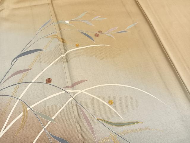 平和屋着物▽訪問着 単衣 駒刺繍 枝葉文 暈し染め 金彩 正絹 逸品 未使用 BAAY4130hv