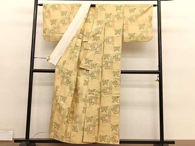 平和屋着物▽上質な紬 単衣 草花文 正絹 逸品 BAAY4132hv