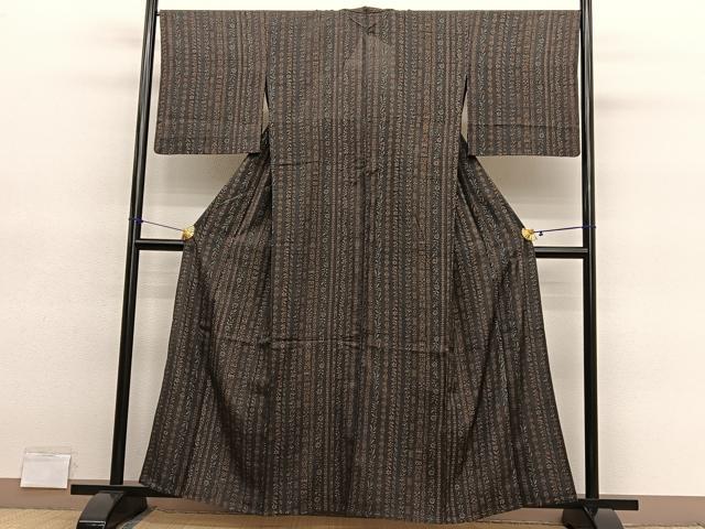 平和屋着物▽上質な小紋 単衣 紬地 花唐草間道 正絹 逸品 BAAY4145hv