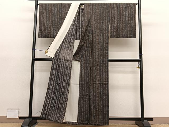 平和屋着物▽上質な小紋 単衣 紬地 花唐草間道 正絹 逸品 BAAY4145hv