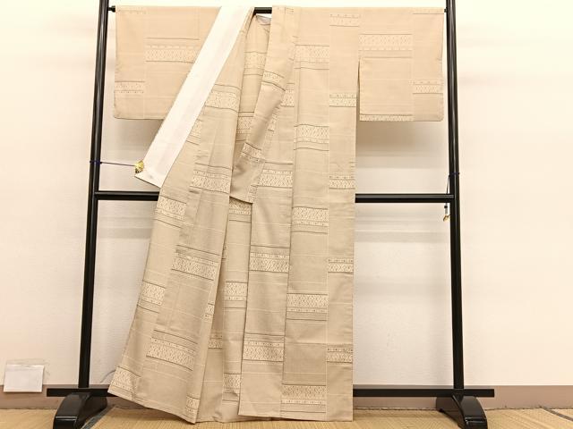 平和屋着物▽本塩沢 単衣 110亀甲 横段文 正絹 逸品 BAAY4152hv