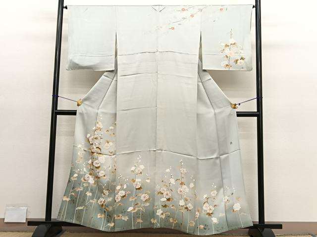平和屋着物▽訪問着 単衣 作家物 枝花文 暈し染め 金銀彩 正絹 逸品 BAAY4162hv