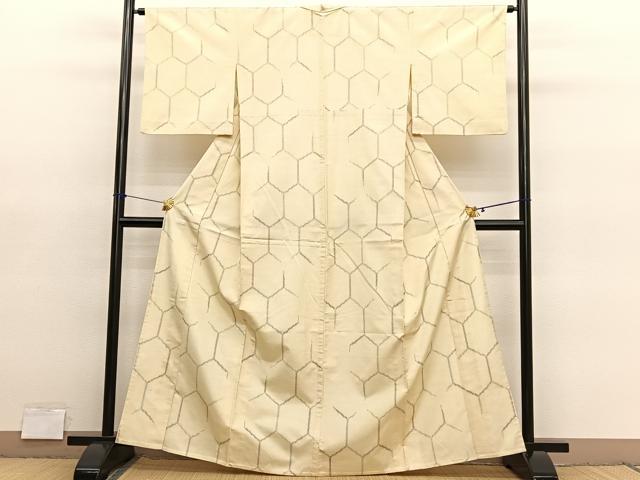 平和屋着物▽上質な紬 単衣 亀甲文 正絹 逸品 BAAY4163hv