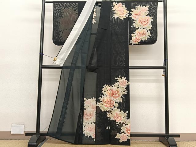 平和屋着物*夏物 訪問着 絽 牡丹 黒地 洗える着物 BAAY4183hv
