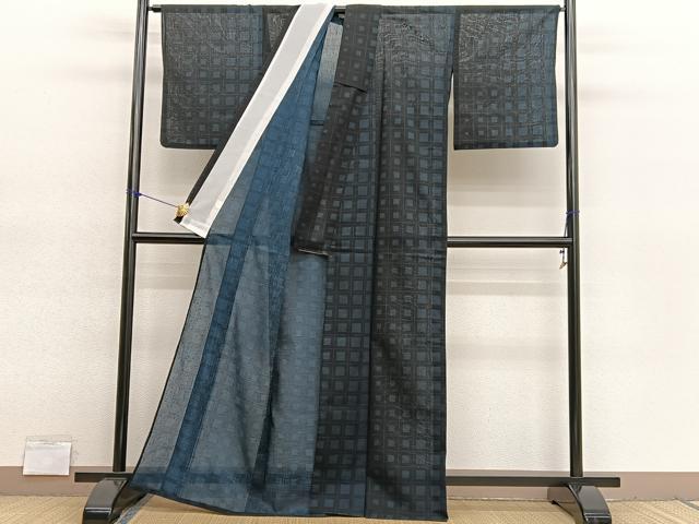 平和屋着物*夏物 小紋 紗 格子 黒地 洗える着物 BAAY4227hv