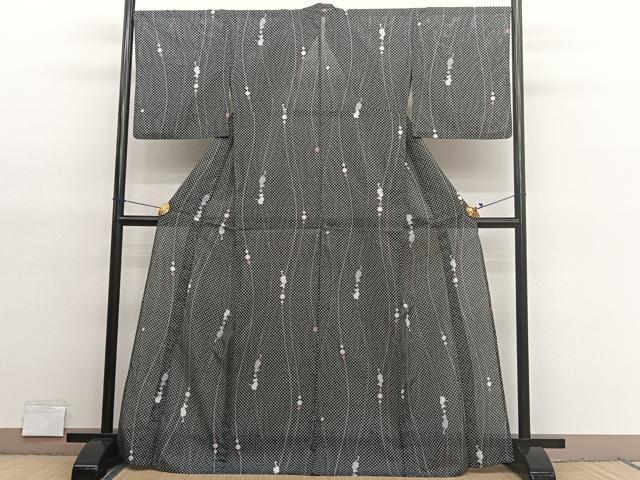 平和屋着物*夏物 小紋 絽 猫 黒地 洗える着物 BAAY4230hv