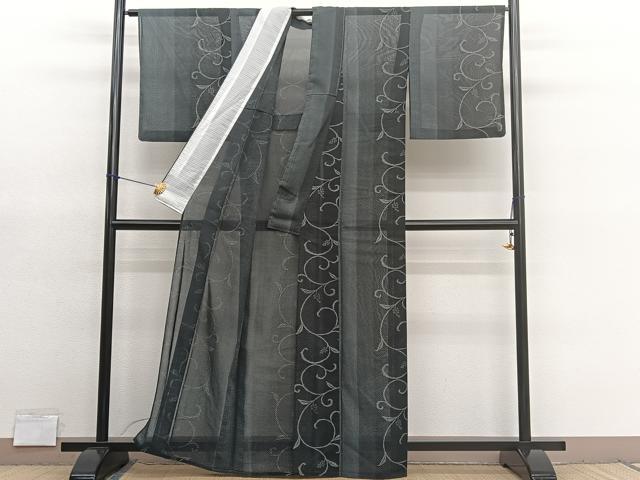 平和屋着物*夏物 小紋 紗 葡萄唐草文 黒地 洗える着物 BAAY4232hv