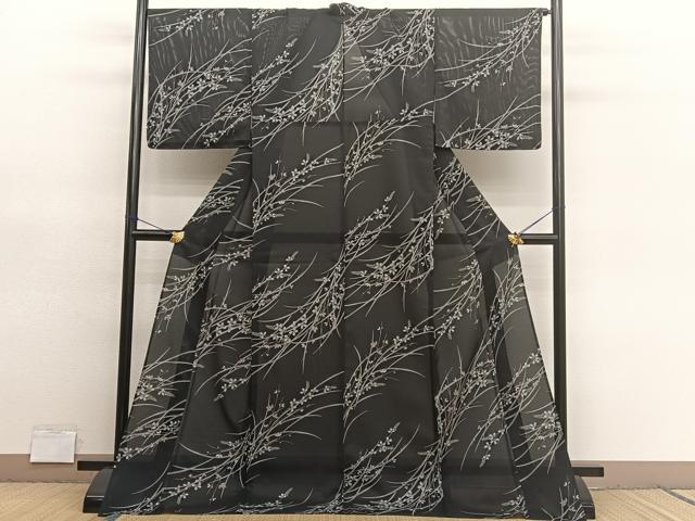 平和屋着物*夏物 小紋 絽 秋草文 黒地 ロング丈 洗える着物 未使用 BAAY4237hv