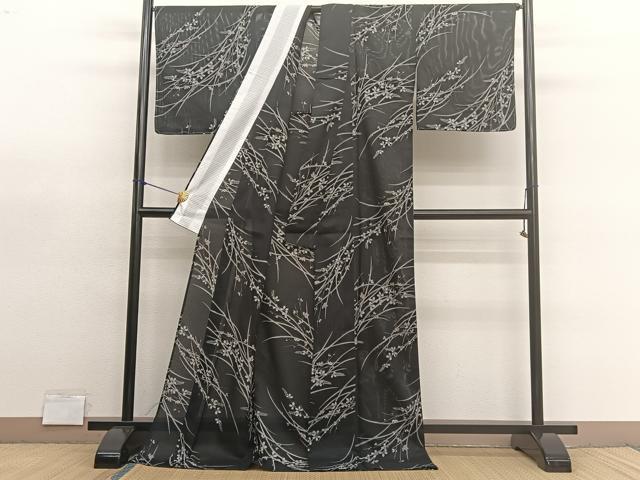 平和屋着物*夏物 小紋 絽 秋草文 黒地 ロング丈 洗える着物 未使用 BAAY4237hv