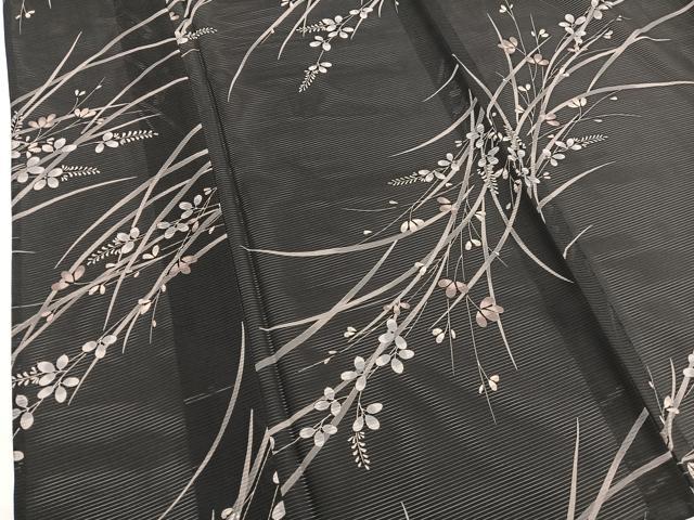 平和屋着物*夏物 小紋 絽 秋草文 黒地 ロング丈 洗える着物 未使用 BAAY4237hv