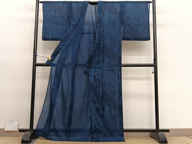 平和屋着物*夏物 小紋 紗 藍 型染め 流水花文 洗える着物 BAAY4241hv