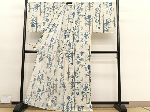 平和屋着物*夏物 小紋 紅梅織 麻の葉花文 洗える着物 BAAY4252hv