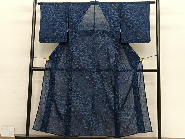 平和屋着物*夏物 小紋 紗 藍 型染め 菊唐草文 洗える着物 BAAY4265hv