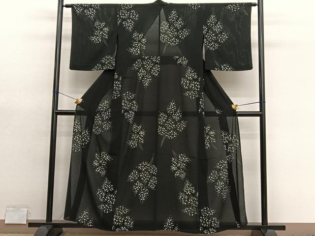 平和屋着物*夏物 小紋 絽縮緬 枝花文 黒地 高島屋扱い 洗える着物 BAAY4266hv