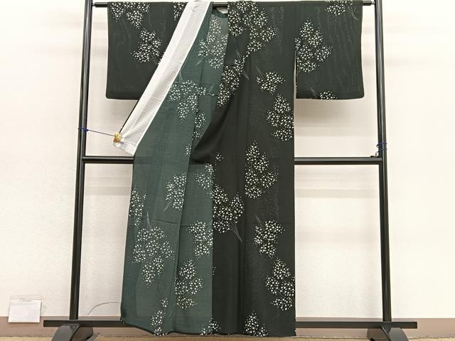 平和屋着物*夏物 小紋 絽縮緬 枝花文 黒地 高島屋扱い 洗える着物 BAAY4266hv