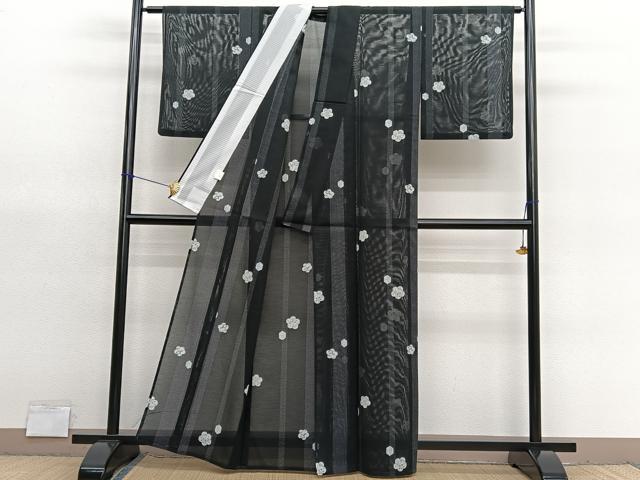 平和屋着物*夏物 小紋 絽 草花文 黒地 洗える着物 BAAY4275hv