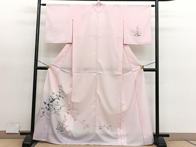平和屋着物*夏物 訪問着 絽縮緬 手描き 枝花文 暈し染め 洗える着物 BAAY4298hv