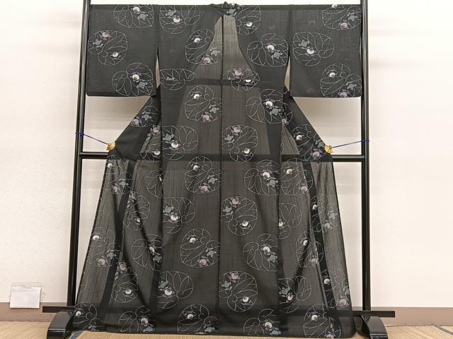 平和屋着物*夏物 小紋 紗 葵 黒地 洗える着物 BAAY4339hv