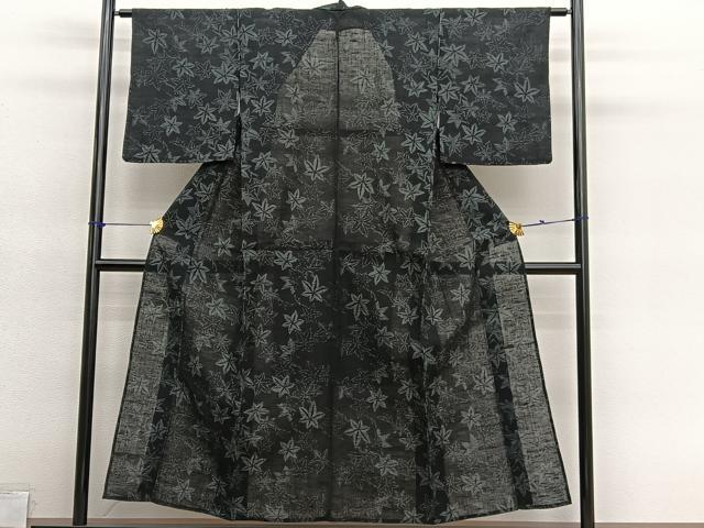 平和屋着物*夏物 小紋 紗 縮織 楓 黒地 未使用 BAAY4352hv
