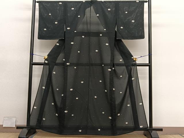平和屋着物*夏物 小紋 絽縮緬 兎 黒地 洗える着物 未使用 BAAY4354hv