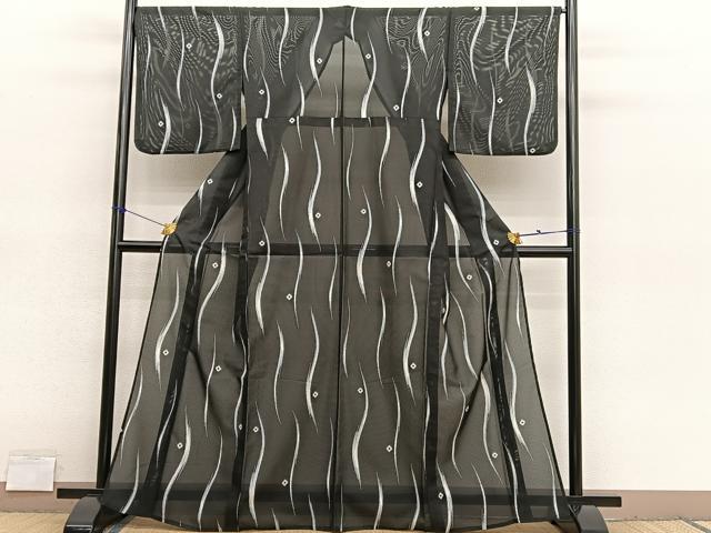 平和屋着物*夏物 小紋 絽 流線文 黒地 洗える着物 BAAY4363hv