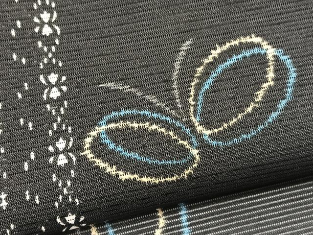 平和屋着物*夏物 小紋 絽 舞蝶文 黒地 洗える着物 BAAY4456hv
